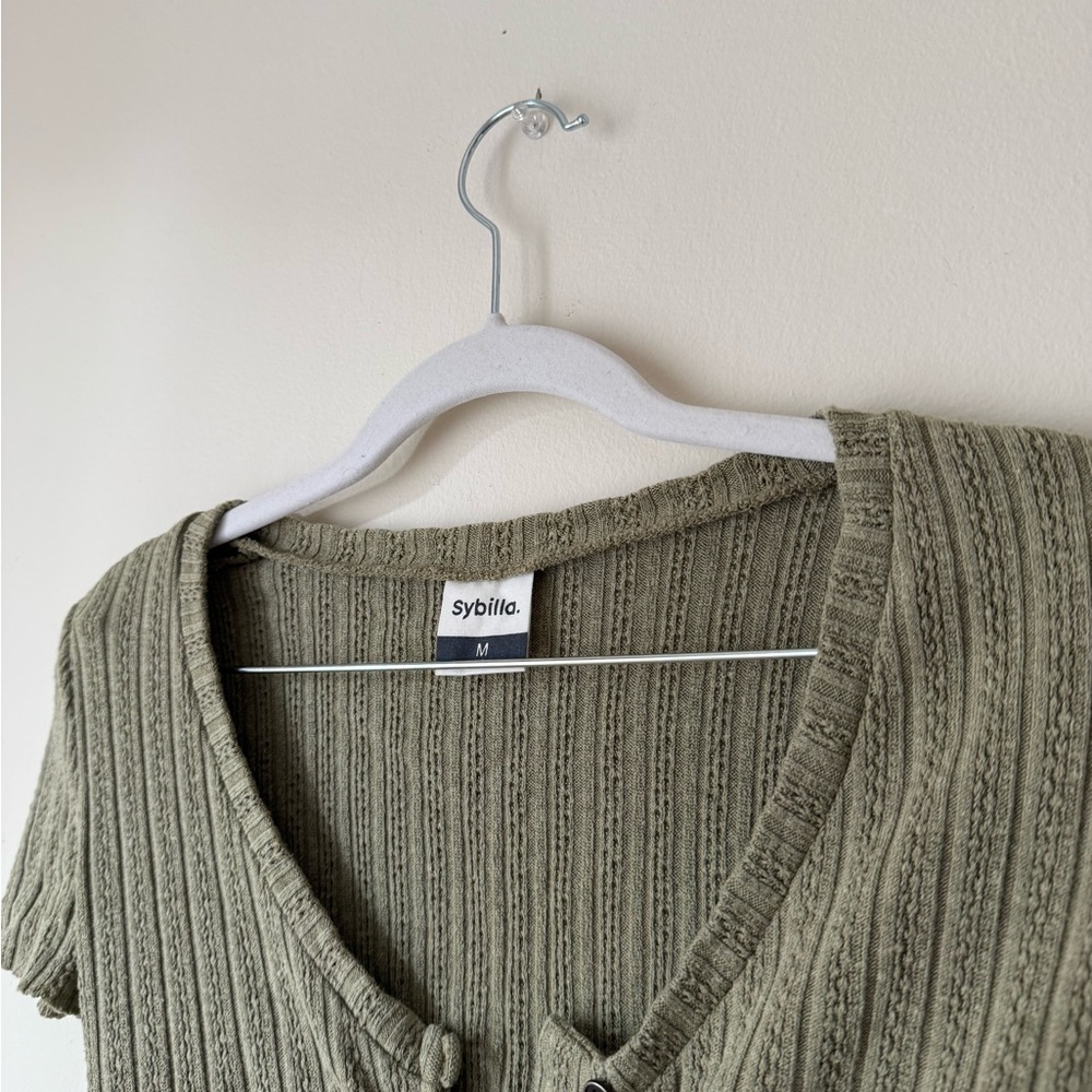 Olive Ribbed Knit Button Top - Picture 3 of 7